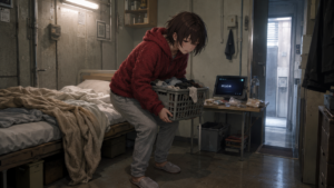 04-H『休息』食後、洗濯籠を抱えて立とうとする瞬間 補助象徴ビジュアル画像生成向け構図指示 完全版