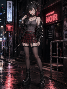 黒レザージャケット・灰色タンクトップ