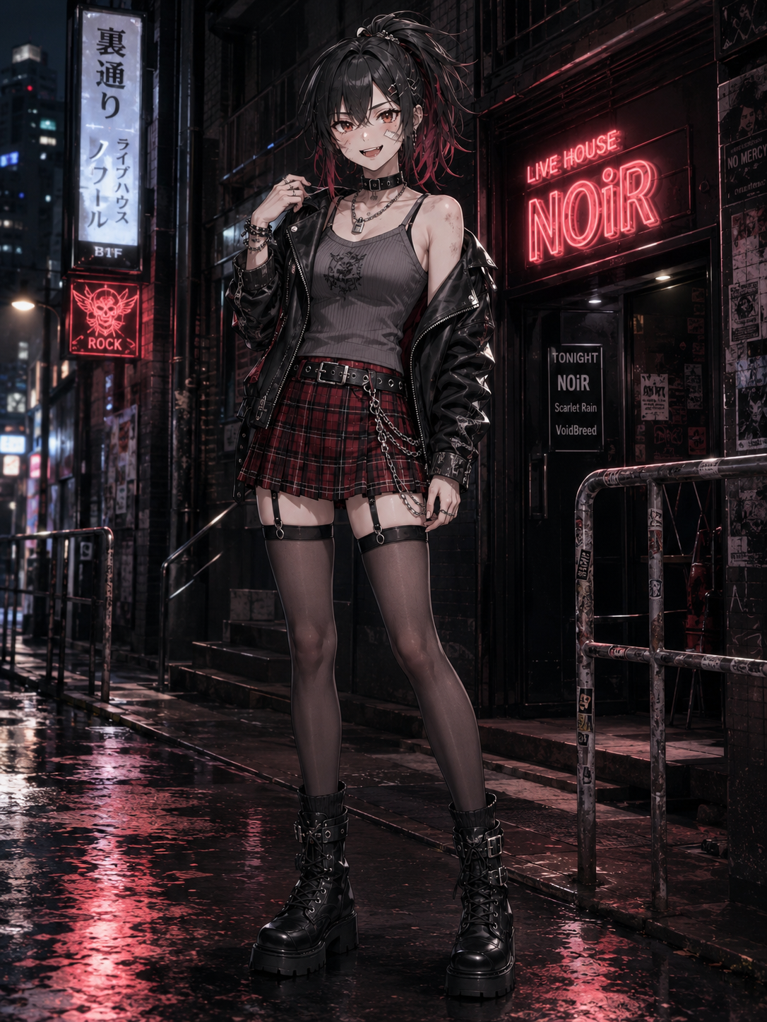 黒レザージャケット・灰色タンクトップ