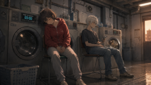 04-H『休息』夕方の洗濯室 象徴ビジュアル画像生成向け構図指示 完全版